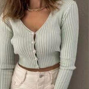 Graffiti Size Small Mint Green Ribbed Cardigan with Pearl Buttons